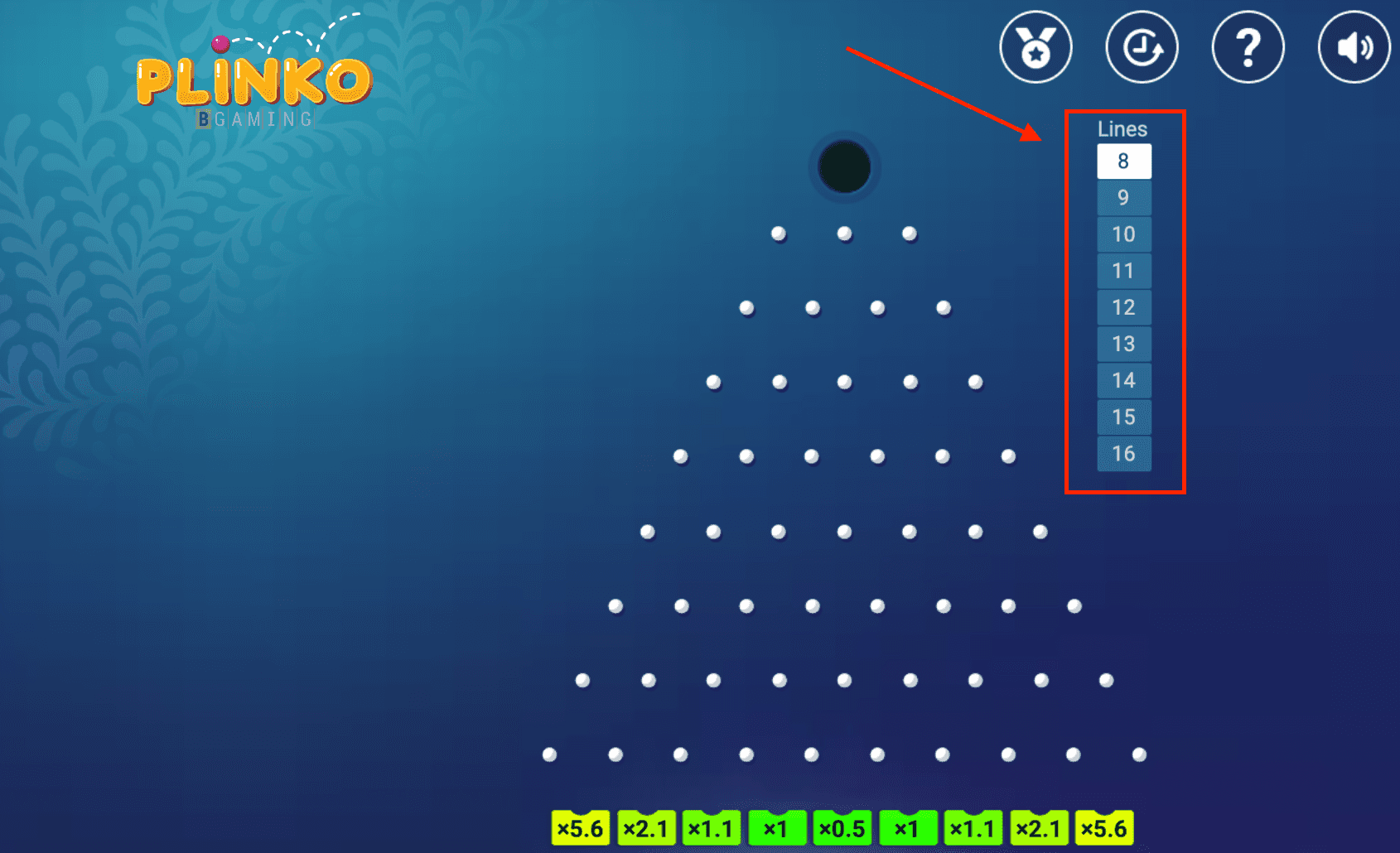 Controle para selecionar o número de linhas do tabuleiro do Plinko