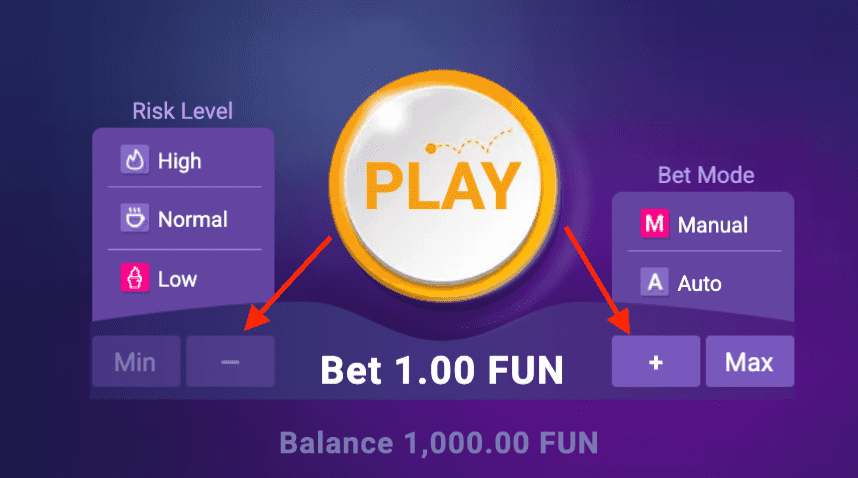 Botões “+” e “–” para ajustar o valor da aposta no Plinko